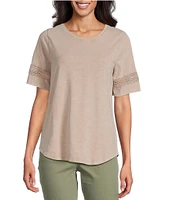 Leo & Nicole Acid Wash Crew Neck Short Sleeve Crochet Trim Knit Tee