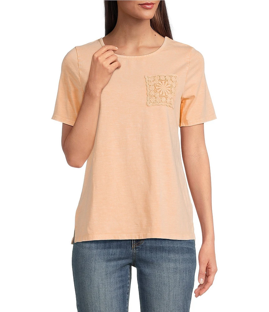 Leo & Nicole Acid Wash Crew Neck Short Sleeve Lace Pocket Tee Shirt