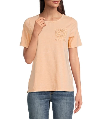 Leo & Nicole Acid Wash Crew Neck Short Sleeve Lace Pocket Tee Shirt