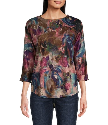 Leo & Nicole Allover Print Knit 3/4 Dolman Sleeve Crew Neck Top