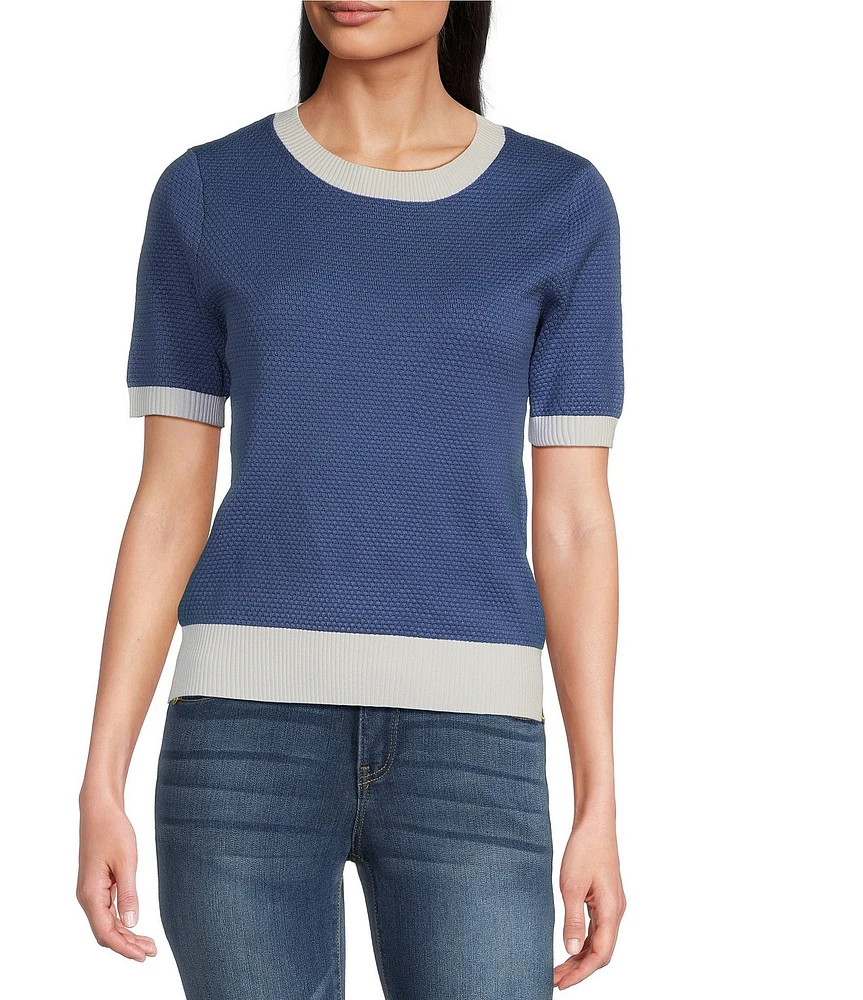Leo & Nicole Bird Eye Textured Knit Crew Neck Short Sleeve Contrast Trim Sweater