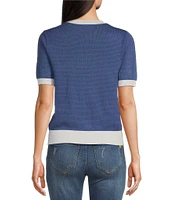 Leo & Nicole Bird Eye Textured Knit Crew Neck Short Sleeve Contrast Trim Sweater