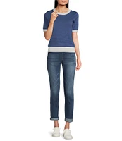 Leo & Nicole Bird Eye Textured Knit Crew Neck Short Sleeve Contrast Trim Sweater