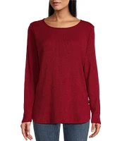 Leo & Nicole Brushed Knit Crew Neck Long Sleeve Side Button Detail Top