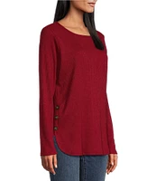 Leo & Nicole Brushed Knit Crew Neck Long Sleeve Side Button Detail Top