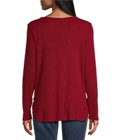 Leo & Nicole Brushed Knit Crew Neck Long Sleeve Side Button Detail Top