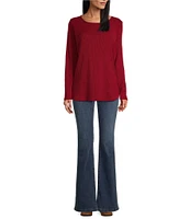 Leo & Nicole Brushed Knit Crew Neck Long Sleeve Side Button Detail Top