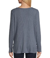 Leo & Nicole Brushed Knit Crew Neck Long Sleeve Side Button Detail Top