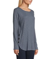 Leo & Nicole Brushed Knit Crew Neck Long Sleeve Side Button Detail Top