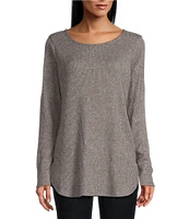 Leo & Nicole Brushed Knit Crew Neck Long Sleeve Side Button Detail Top