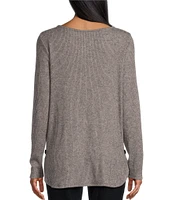 Leo & Nicole Brushed Knit Crew Neck Long Sleeve Side Button Detail Top