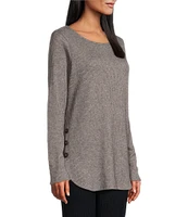 Leo & Nicole Brushed Knit Crew Neck Long Sleeve Side Button Detail Top