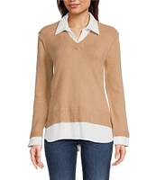 Leo & Nicole Collared V-Neck Long Sleeve Layered Sweater