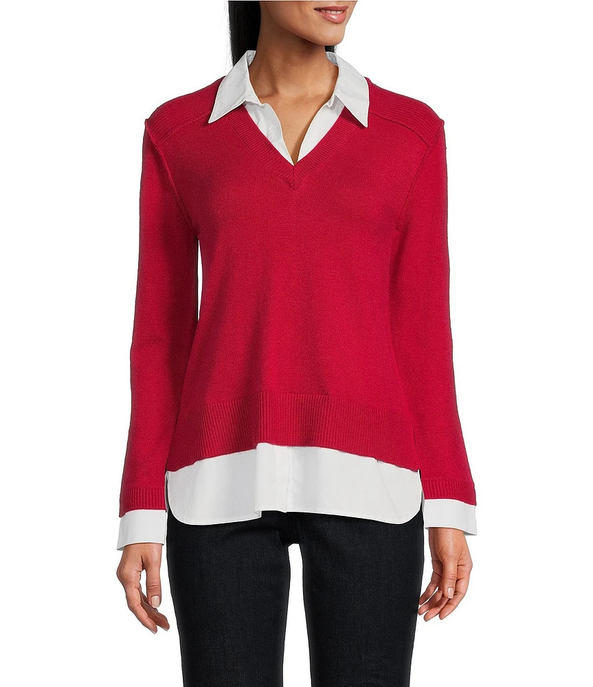 Leo & Nicole Collared V-Neck Long Sleeve Layered Sweater