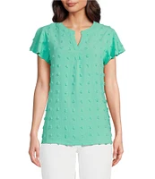 Leo & Nicole Dot Jacquard Woven Split V-Neck Short Flutter Sleeve Top