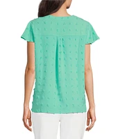 Leo & Nicole Dot Jacquard Woven Split V-Neck Short Flutter Sleeve Top