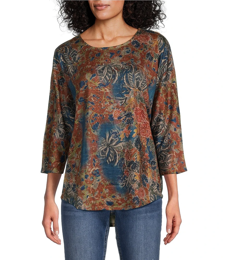 Leo & Nicole Knit Floral Vision Print Crew Neck 3/4 Dolman Sleeve Top