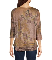 Leo & Nicole Knit Paisley Patrol Print Drape Neck 3/4 Dolman Sleeve Top