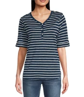 Leo & Nicole Knit Stripe V-Neck Elbow Sleeve Top