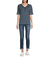 Leo & Nicole Knit Stripe V-Neck Elbow Sleeve Top