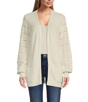 Leo & Nicole Long Pointelle Sleeve Patch Pockets Open Front Cardigan