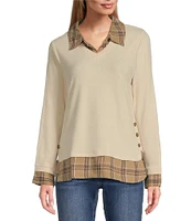 Leo & Nicole Mixed-Media Plaid Point Collar Long Sleeve Layered Sweater