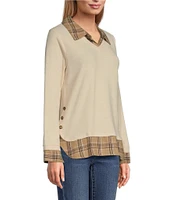 Leo & Nicole Mixed-Media Plaid Point Collar Long Sleeve Layered Sweater