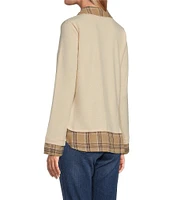 Leo & Nicole Mixed-Media Plaid Point Collar Long Sleeve Layered Sweater