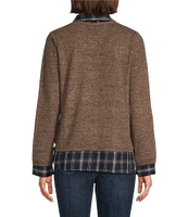 Leo & Nicole Mixed-Media Plaid Point Collar Long Sleeve Layered Sweater