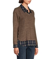 Leo & Nicole Mixed-Media Plaid Point Collar Long Sleeve Layered Sweater