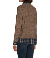 Leo & Nicole Mixed-Media Plaid Point Collar Long Sleeve Layered Sweater