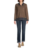 Leo & Nicole Mixed-Media Plaid Point Collar Long Sleeve Layered Sweater