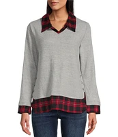 Leo & Nicole Mixed-Media Plaid Point Collar Long Sleeve Layered Sweater