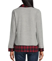 Leo & Nicole Mixed-Media Plaid Point Collar Long Sleeve Layered Sweater