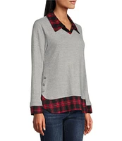 Leo & Nicole Mixed-Media Plaid Point Collar Long Sleeve Layered Sweater