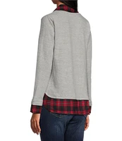 Leo & Nicole Mixed-Media Plaid Point Collar Long Sleeve Layered Sweater