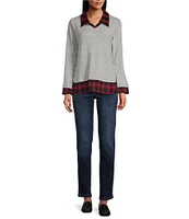 Leo & Nicole Mixed-Media Plaid Point Collar Long Sleeve Layered Sweater