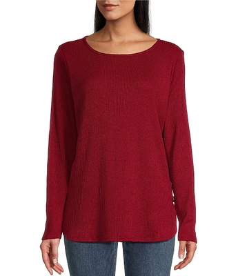 Leo & Nicole Petite Size Brushed Knit Crew Neck Long Sleeve Side Button Detail Top