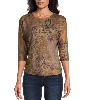 Leo & Nicole Petite Size Knit Allover Print Crew Neck 3/4 Dolman Sleeve Top