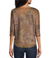 Leo & Nicole Petite Size Knit Allover Print Crew Neck 3/4 Dolman Sleeve Top