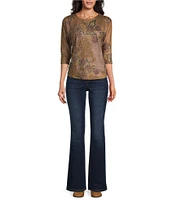 Leo & Nicole Petite Size Knit Allover Print Crew Neck 3/4 Dolman Sleeve Top