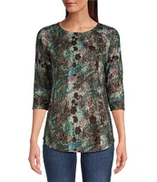 Leo & Nicole Petite Size Stretch Knit Lace Illusion Print Crew Neck 3/4 Dolman Sleeve Top