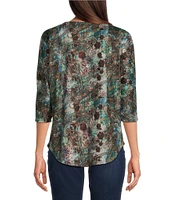 Leo & Nicole Petite Size Stretch Knit Lace Illusion Print Crew Neck 3/4 Dolman Sleeve Top