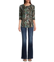 Leo & Nicole Petite Size Stretch Knit Lace Illusion Print Crew Neck 3/4 Dolman Sleeve Top