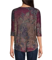 Leo & Nicole Petite Size Stretch Knit Paisley Patrol Print Crew Neck 3/4 Dolman Sleeve Top