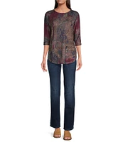 Leo & Nicole Petite Size Stretch Knit Paisley Patrol Print Crew Neck 3/4 Dolman Sleeve Top