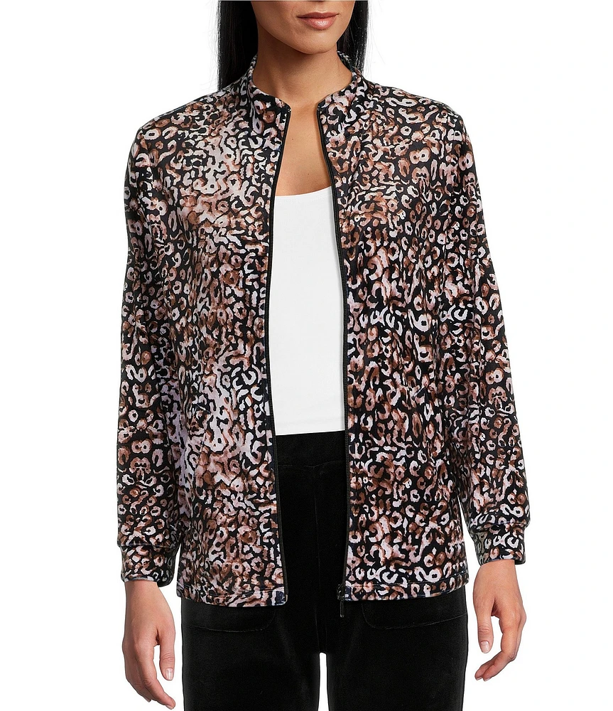 Leo & Nicole Petite Size Velour Golden Spots Print Stand Collar Long Sleeve Pocketed Zip Front Jacket