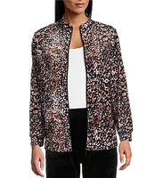 Leo & Nicole Petite Size Velour Golden Spots Print Stand Collar Long Sleeve Pocketed Zip Front Jacket