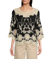 Leo & Nicole Petite Size Woven Allover Embroidered Scoop Neck 3/4 Sleeve Lace Yoke Top