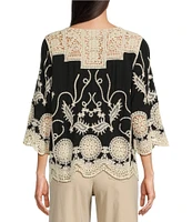 Leo & Nicole Petite Size Woven Allover Embroidered Scoop Neck 3/4 Sleeve Lace Yoke Top